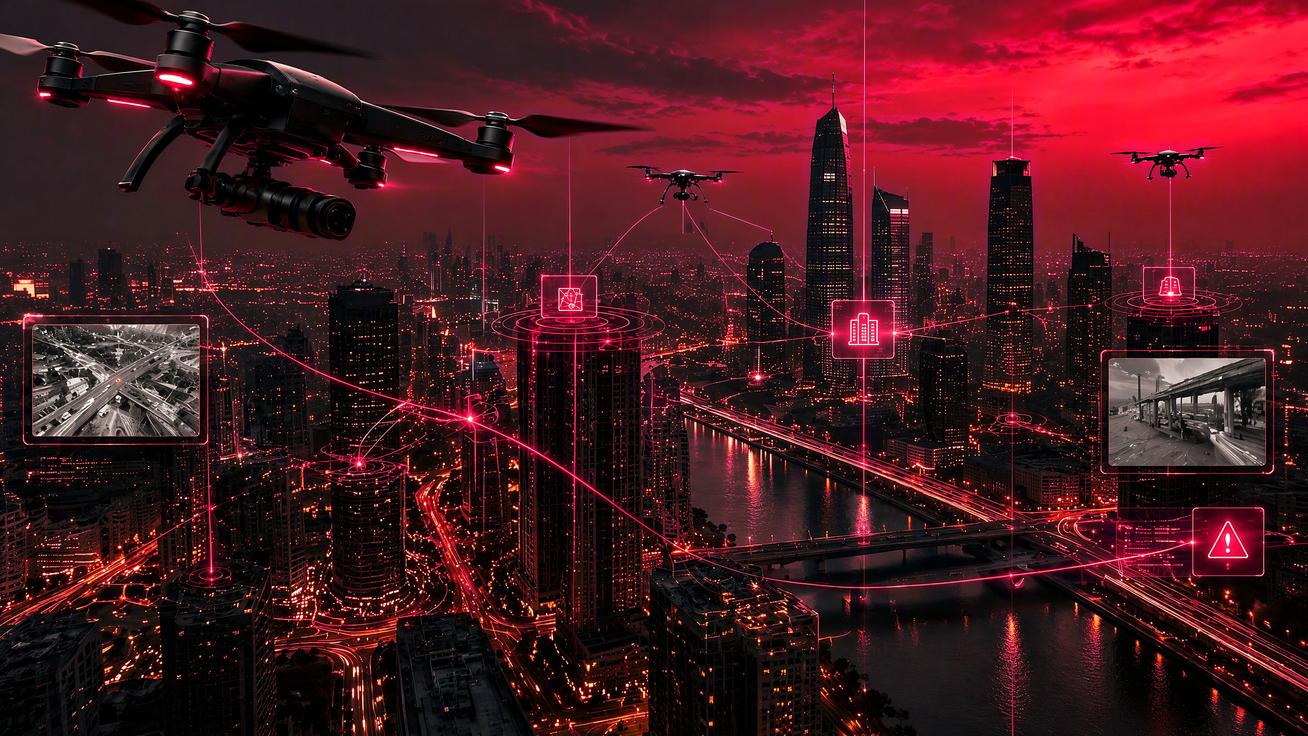 Drones over a city at dusk, linked to rooftop sensors